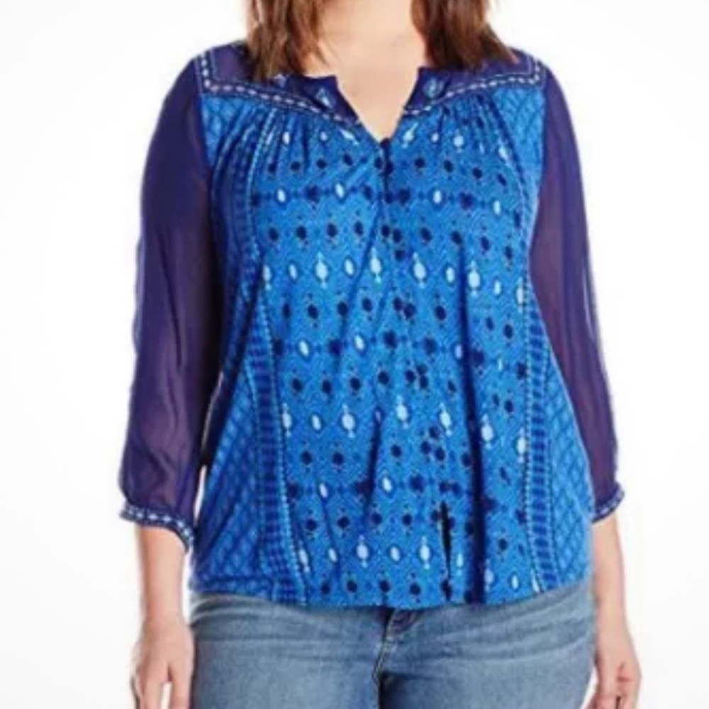 Lucky Brand Womens Size XS Blue BOHO Print Knit Chiffon Shirt Top 3/4 Sleeve